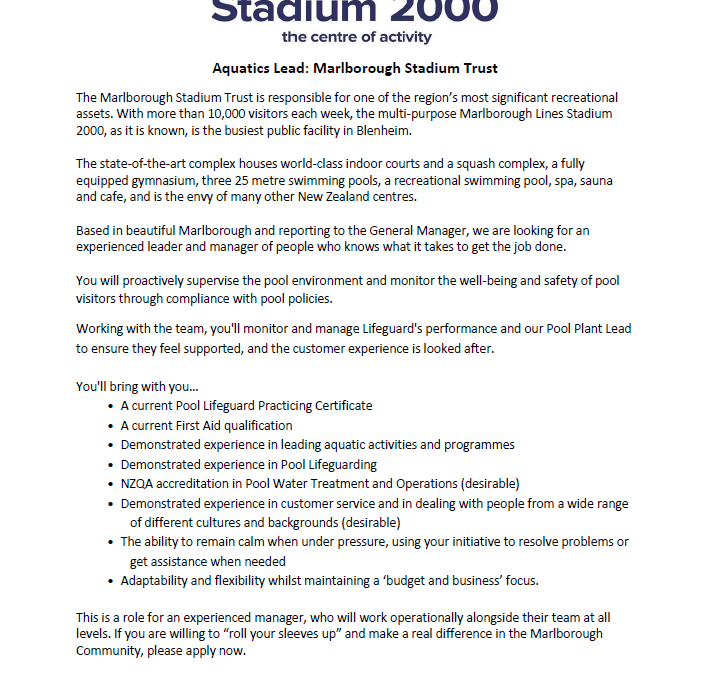 Aquatics Lead – Marlborough Lines Stadium 2000